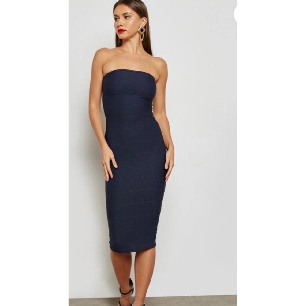 Misguided Strapless Bandage Bandeau  Bodycon Midi Navy Blue dress Size 6